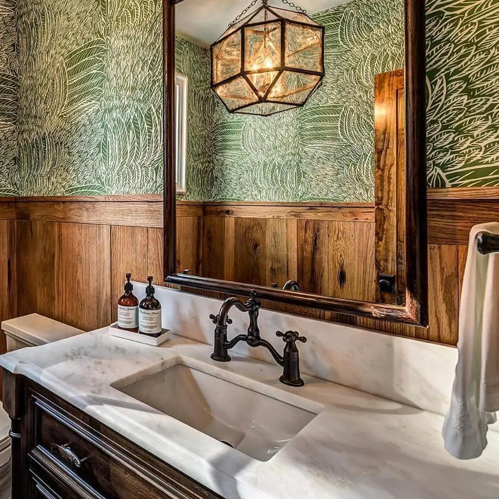 A bathroom with green wallpaper, wood wall, and a mirror.