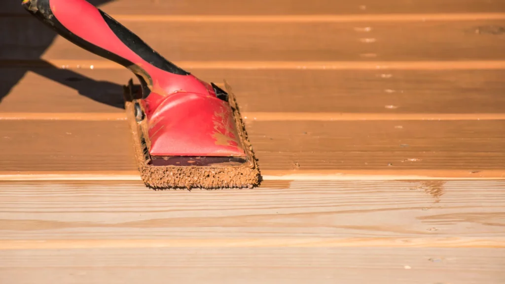 applying wood stain on flooring