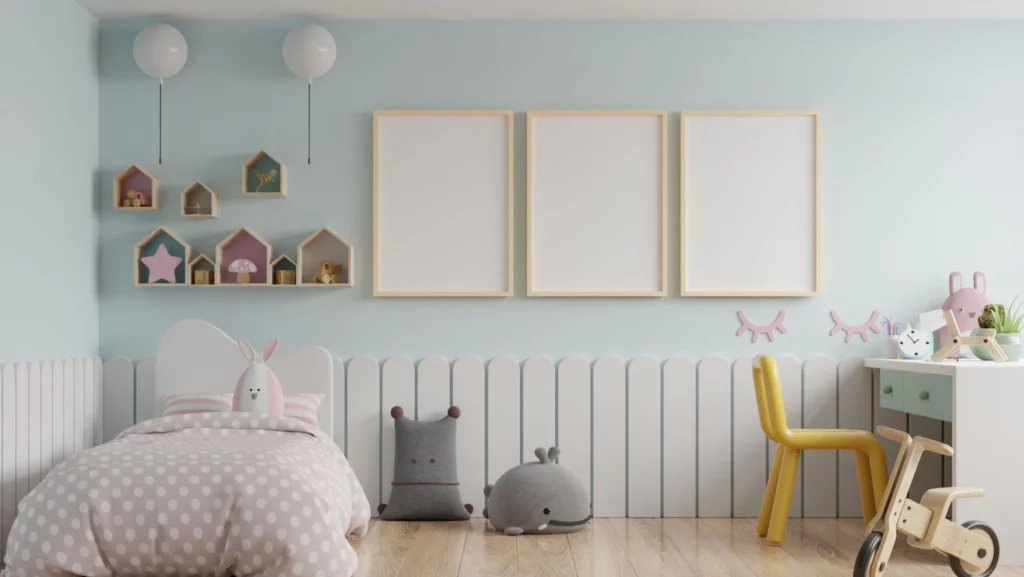 Over-the-bed floating shelves in kids room
