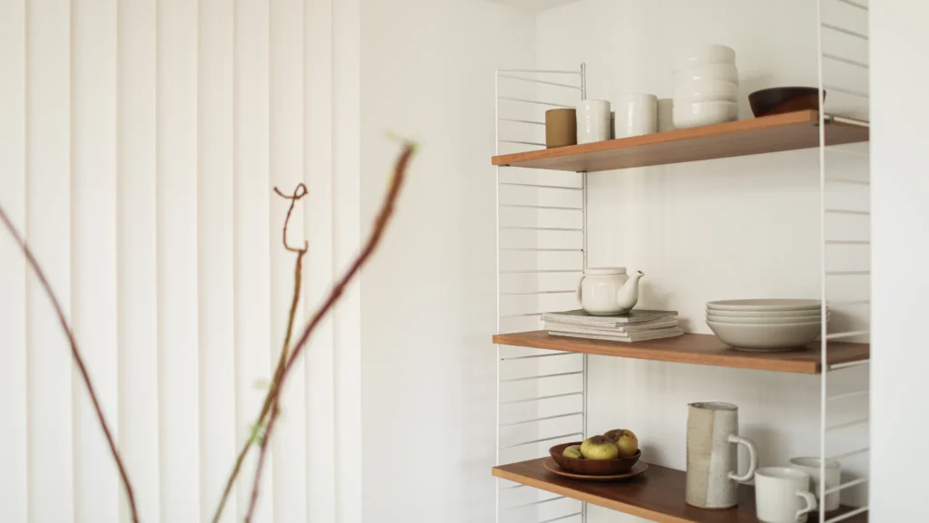 Tableware on Wooden Shelves Mounted on Wall